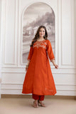 Vichitra Silk Embroidered Anarkali Kurta Set with Sharara & Dupatta (RO)