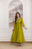 Vichitra Silk Embroidered Anarkali Kurta Set with Sharara & Dupatta (RO)