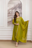 Vichitra Silk Embroidered Anarkali Kurta Set with Sharara & Dupatta (RO)