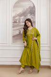 Vichitra Silk Embroidered Anarkali Kurta Set with Sharara & Dupatta (RO)