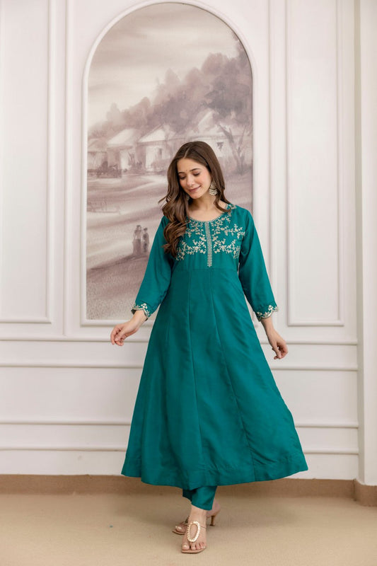 Vichitra Silk Embroidered Anarkali Kurta Set with Sharara & Dupatta (RO)