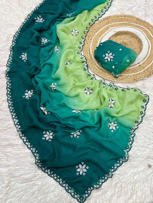 Crunchy Fabric Saree with Fancy Handwork & Sequence Work (RO)