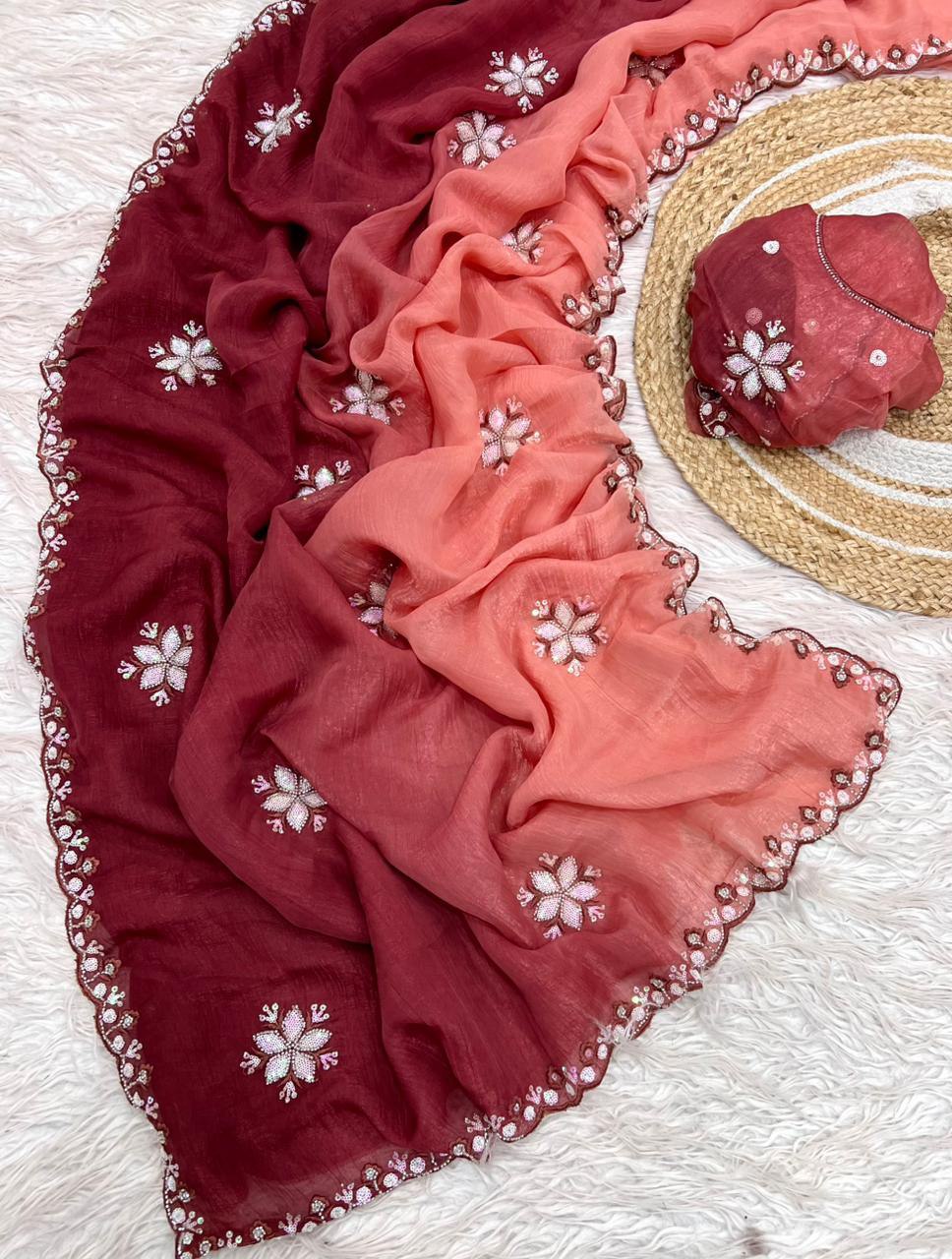 Crunchy Fabric Saree with Fancy Handwork & Sequence Work (RO)