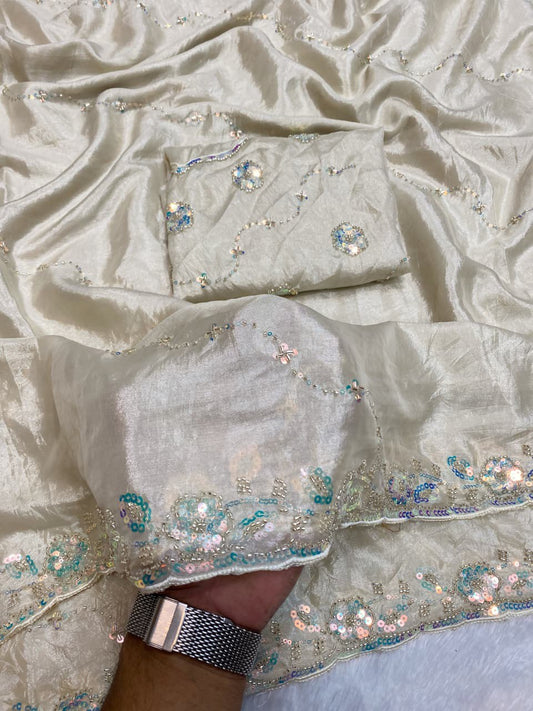 Silky Star Hand Work Saree with Original Beads Work & Matching Blouse (RO)