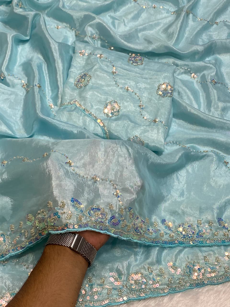 Silky Star Hand Work Saree with Original Beads Work & Matching Blouse (RO)