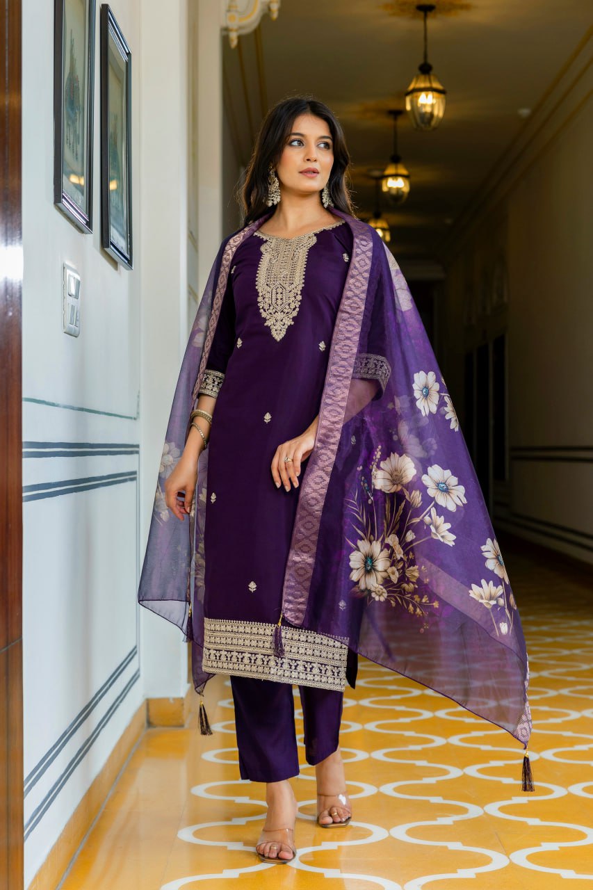 Viscose Chanderi Embroidered Suit Set (RO)