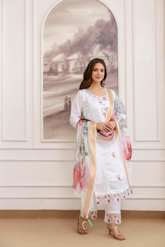 Chanderi Kurta Set with Embroidered Kurti, Chanderi Pant & Organza Dupatta (RO)