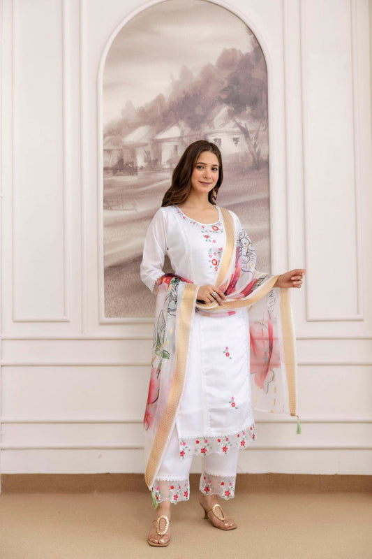 Chanderi Kurta Set with Embroidered Kurti, Chanderi Pant & Organza Dupatta (RO)