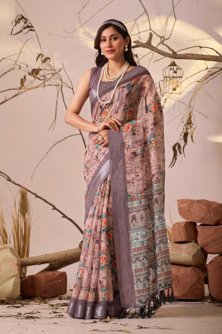 Linen KESH522 1016 Printed Cotton Linen Floral Saree